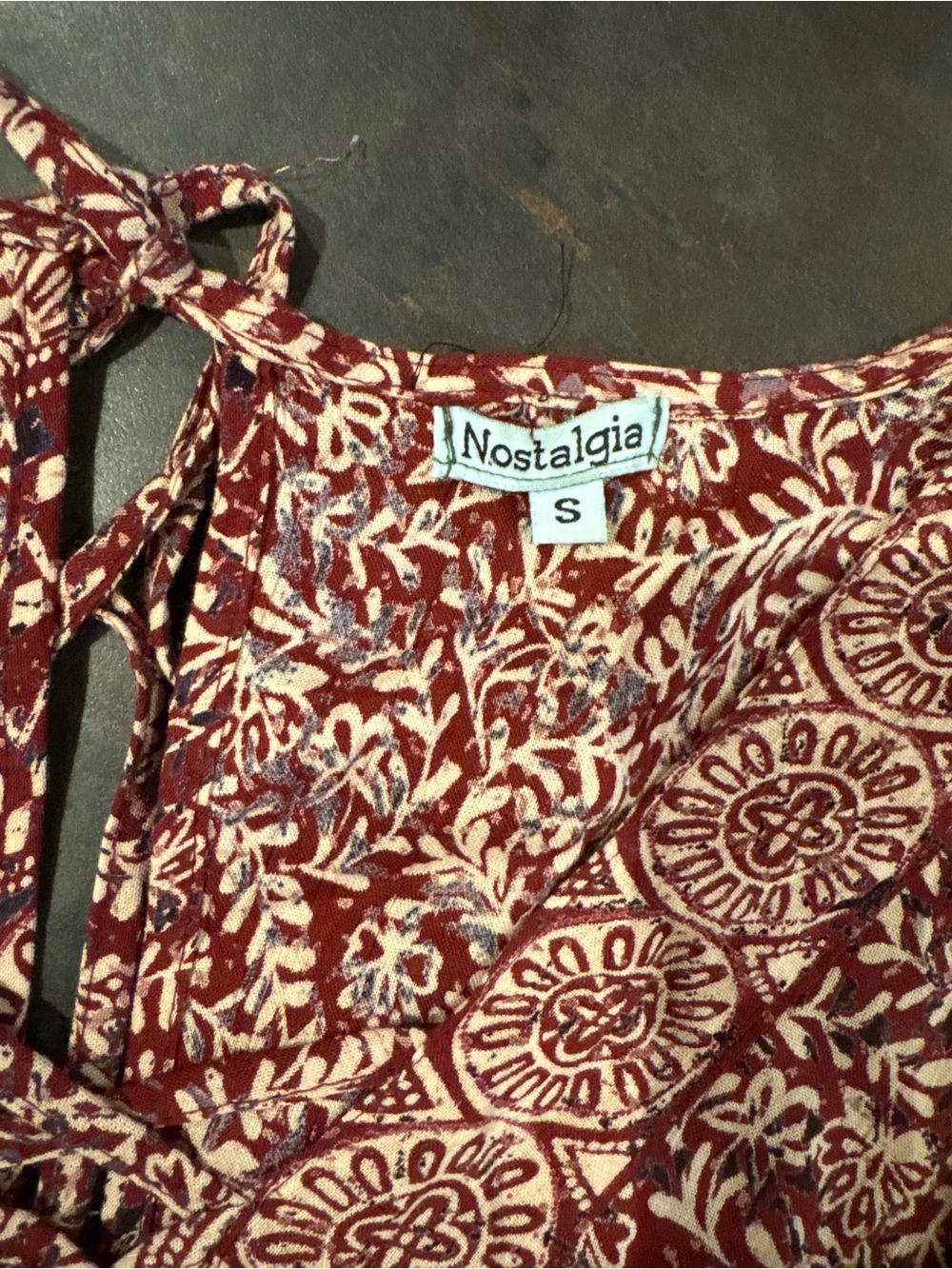Nostalgia Burgundy and Cream Lace-Up Printed Boho Mini Dress Small - Picture 9 of 9